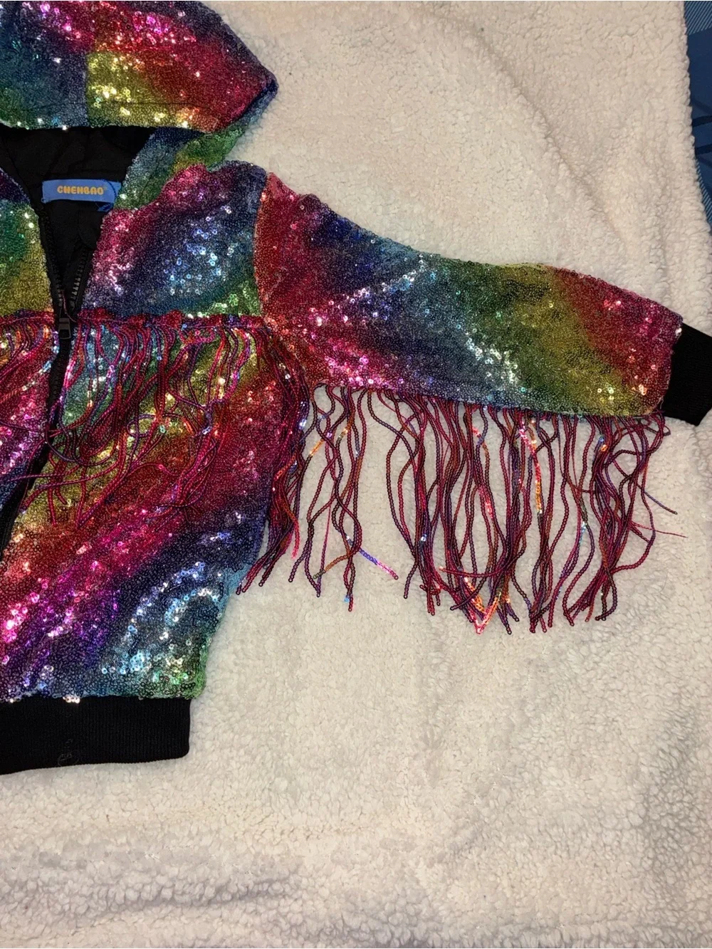 NWT Rainbow Sequin Fringe Bomber Jacket Girls Medium | Y2K| performance wear